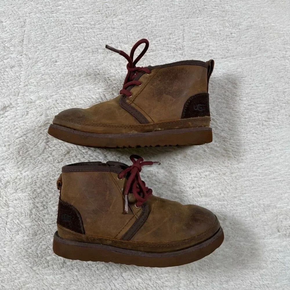 UGG Neumel Leather Boots Youth Brown Shearling Lined Lace Up